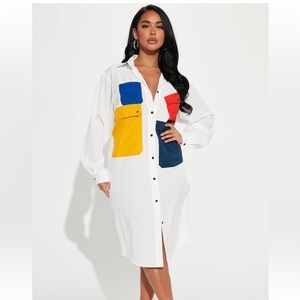 Fashion Nova “Big Decisions” pocket patchwork shirt dress- L